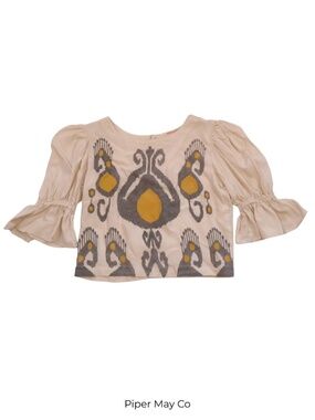 Bombay Paisley Printed Puff Sleeve Blouse XXS Neutral Boho Chic
